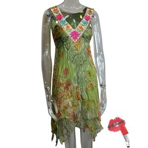 Vintage Y2K Dress Women Large Handkerchief Hem Green Floral Print Sequin V Cut